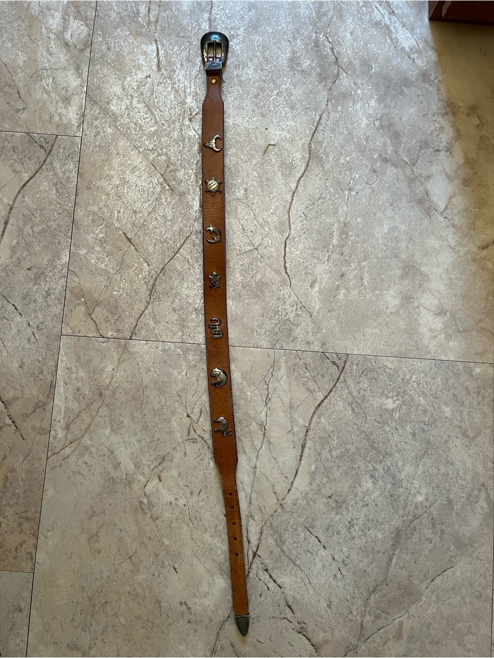 Vintage Brown Silver Creek Leather Charm Accent Belt, 33”